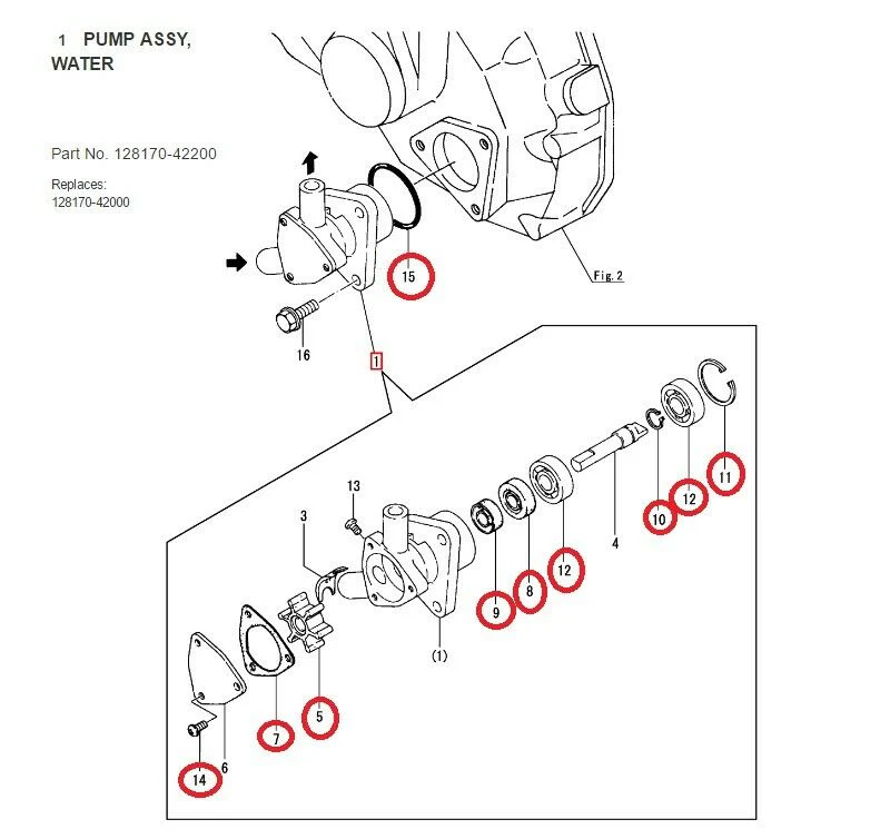 PoseidonMarine® Water pump repair kit Yanmar 1GM 1GM10 pump 128170-42200 - Image 3